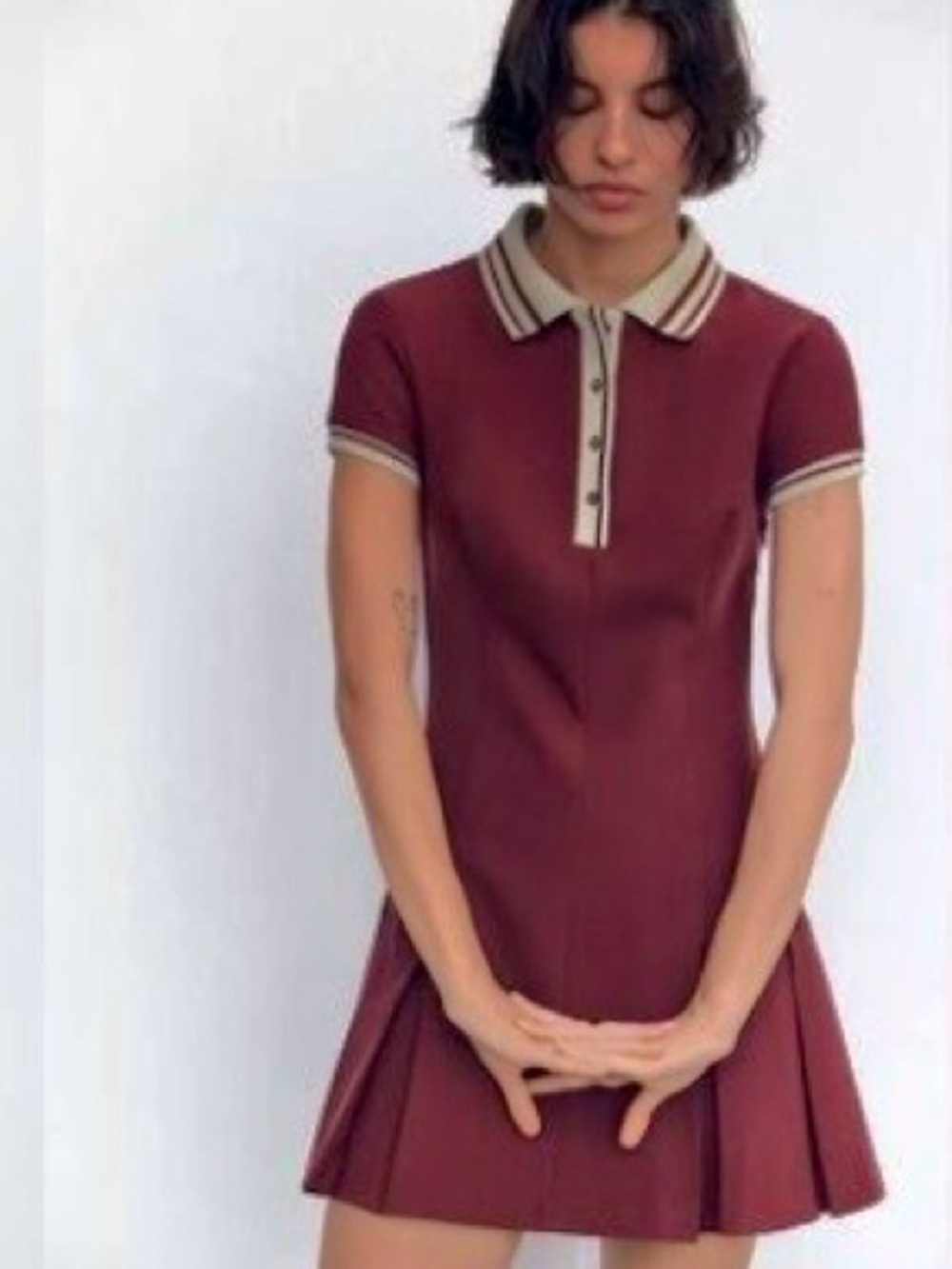 Zara Burgundy Mini Polo Dress with Cream Trim